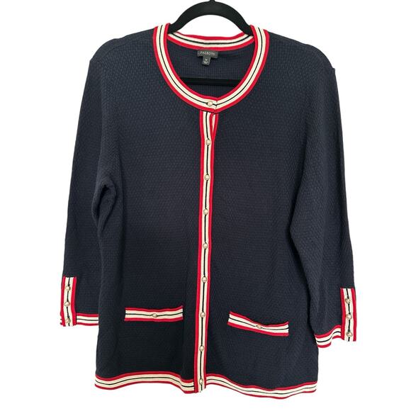 Talbots Navy Blue Cardigan Sweater M Textured Tipped Preppy Knit career casual - Picture 2 of 8